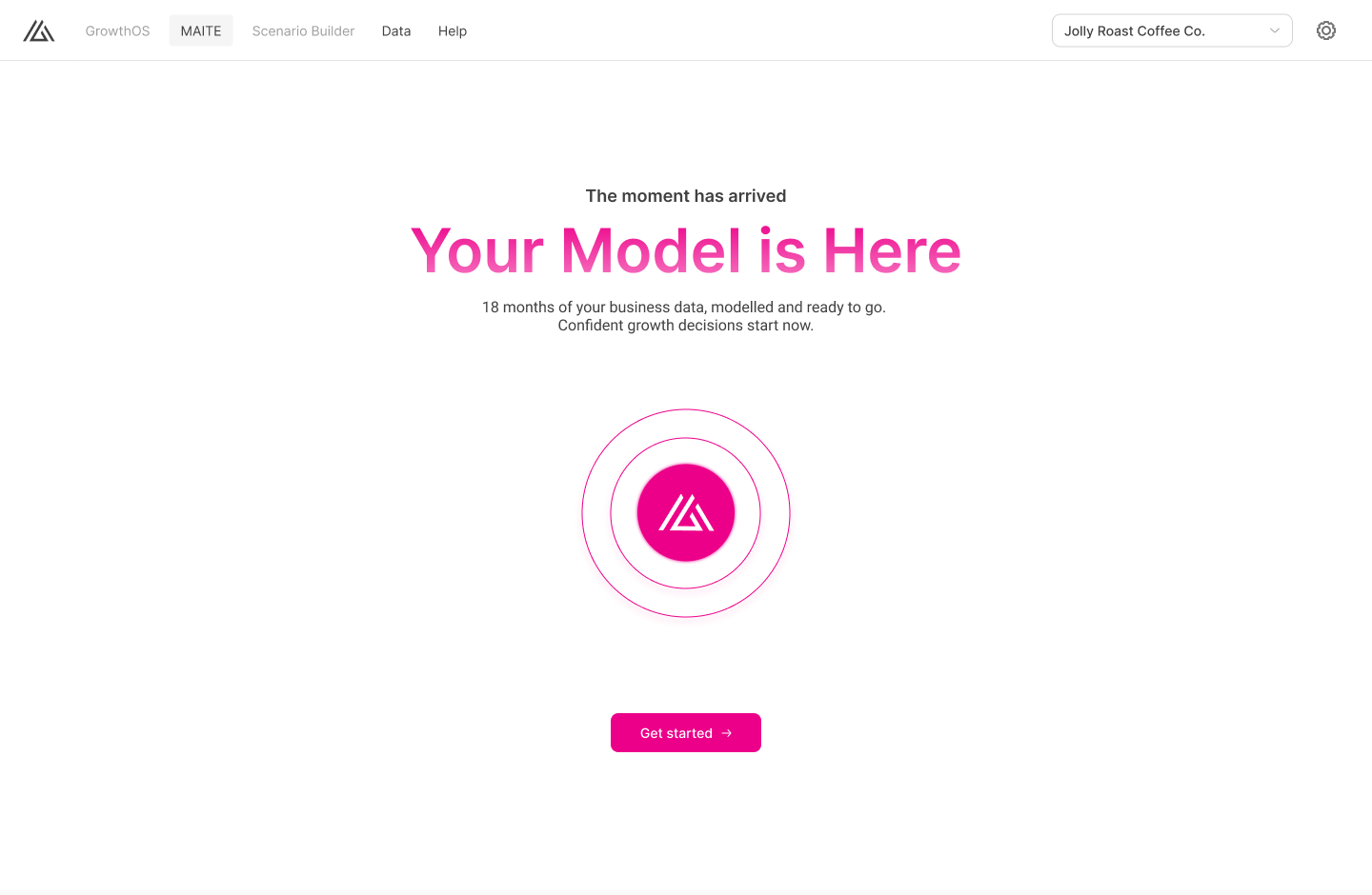 GrowthOS success state — Your Model is Here, with 18 months of business data modelled and ready to use