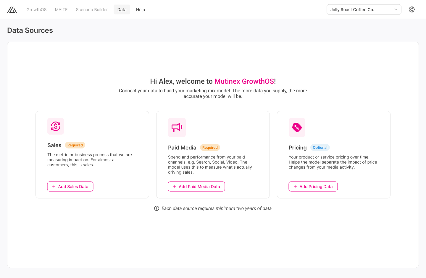 GrowthOS Data Sources empty state with Sales, Paid Media, and Pricing connector tiles
