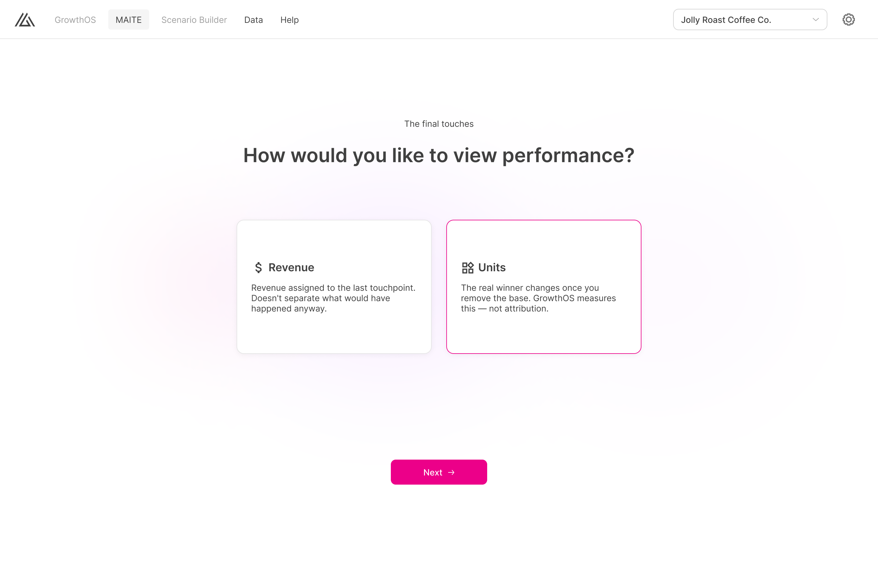 GrowthOS post-onboarding step asking how to view performance — Revenue or Units